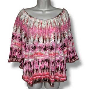 New Directions Boho Pink Sweater Top Crochet Lace Trim Bell Sleeve Women Large